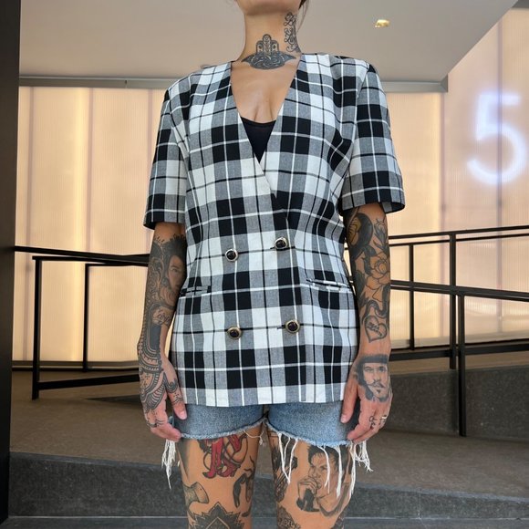 VINTAGE/Women's Long Boxy Short Sleeve Fitted Blazer Plaid Pattern sz 12 - Picture 8 of 16